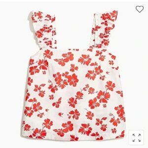 J. Crew Women's White Hibiscus Tropical Flower Ruffle‎ Sleeve Top - Size XL